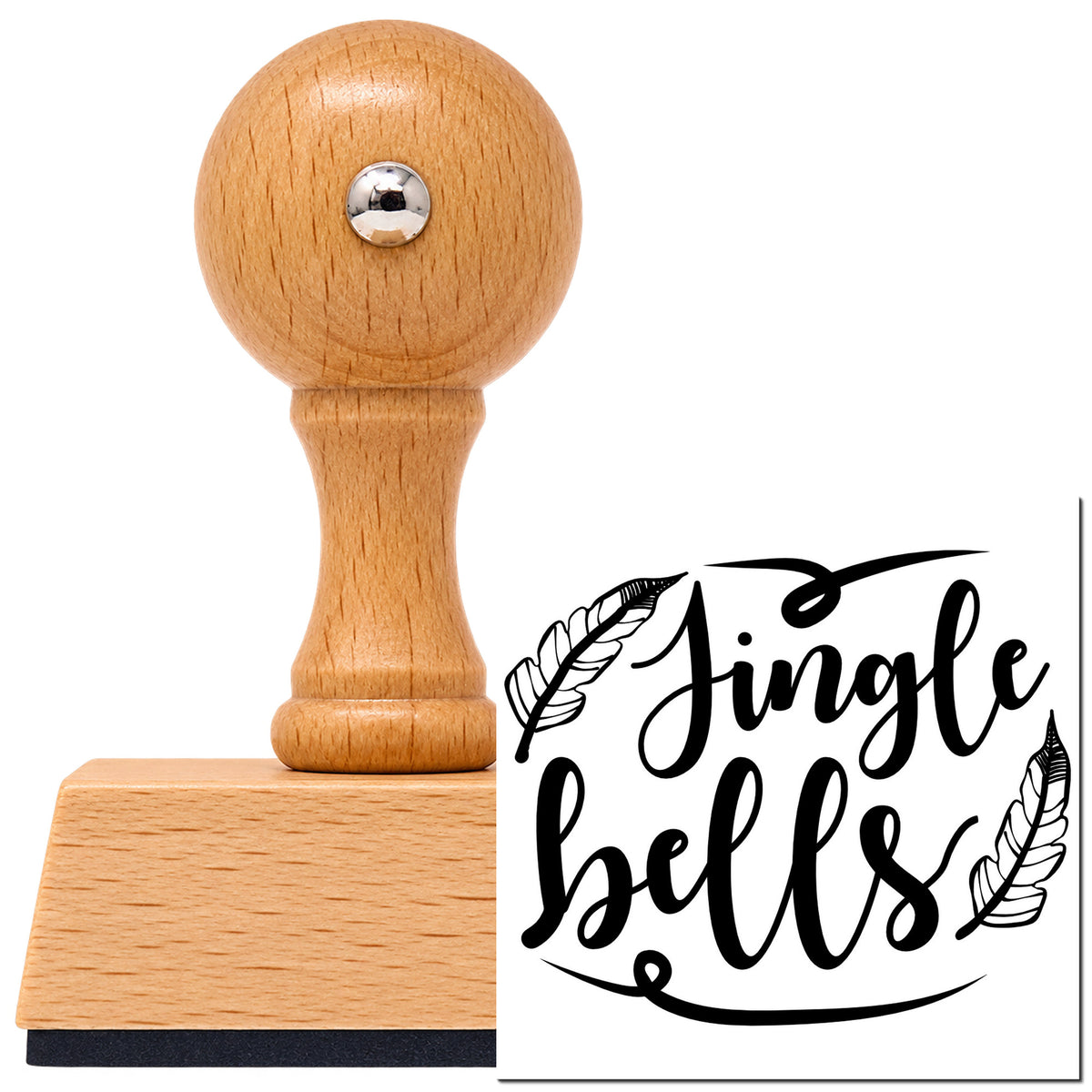 Vintage Pro beech wood stamp with a round knob handle, shown with its black Feather Accents With Jingle Bells Script imprint on white.