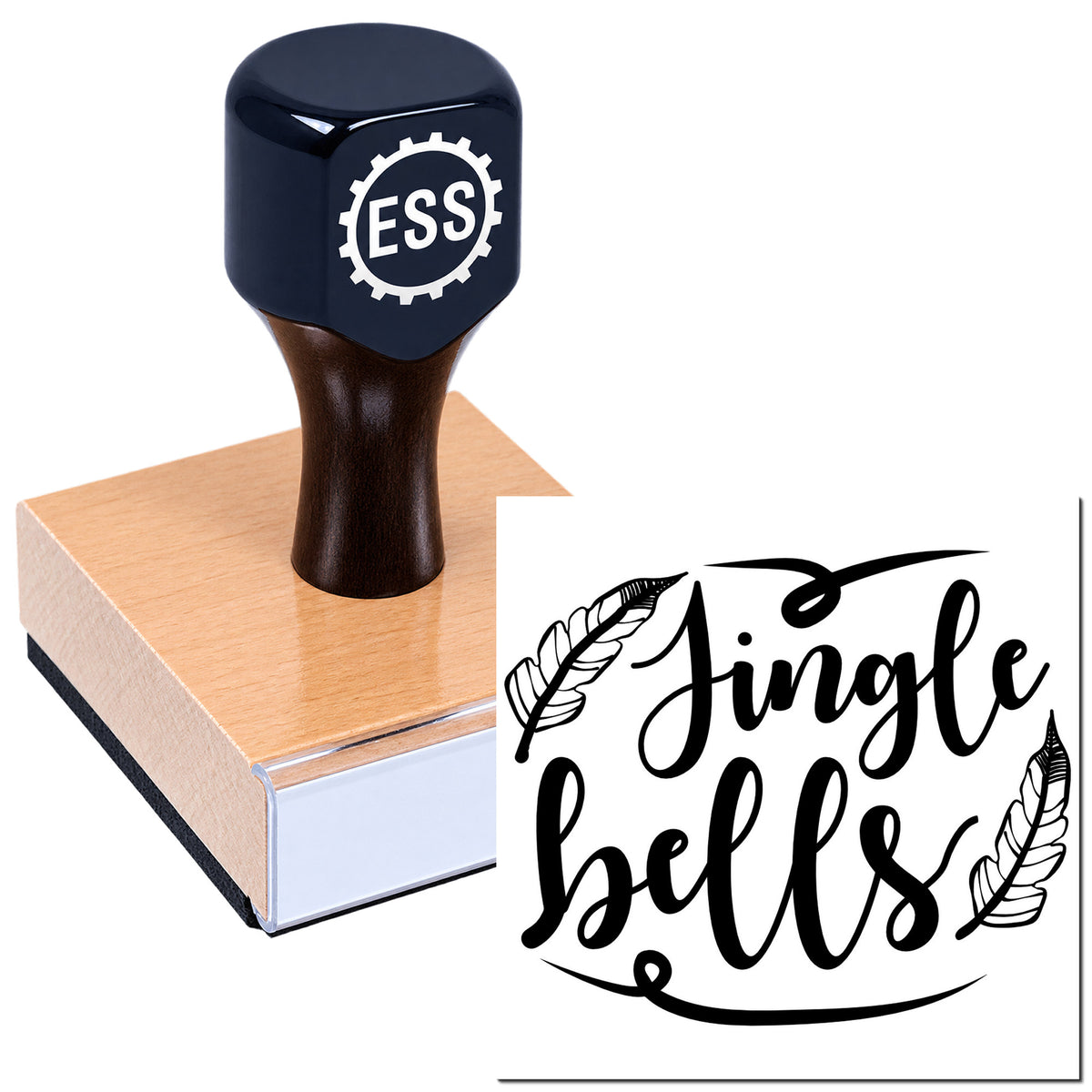 Black ESS rubber stamp on copper base with white Jingle Bells seal design and feather accents