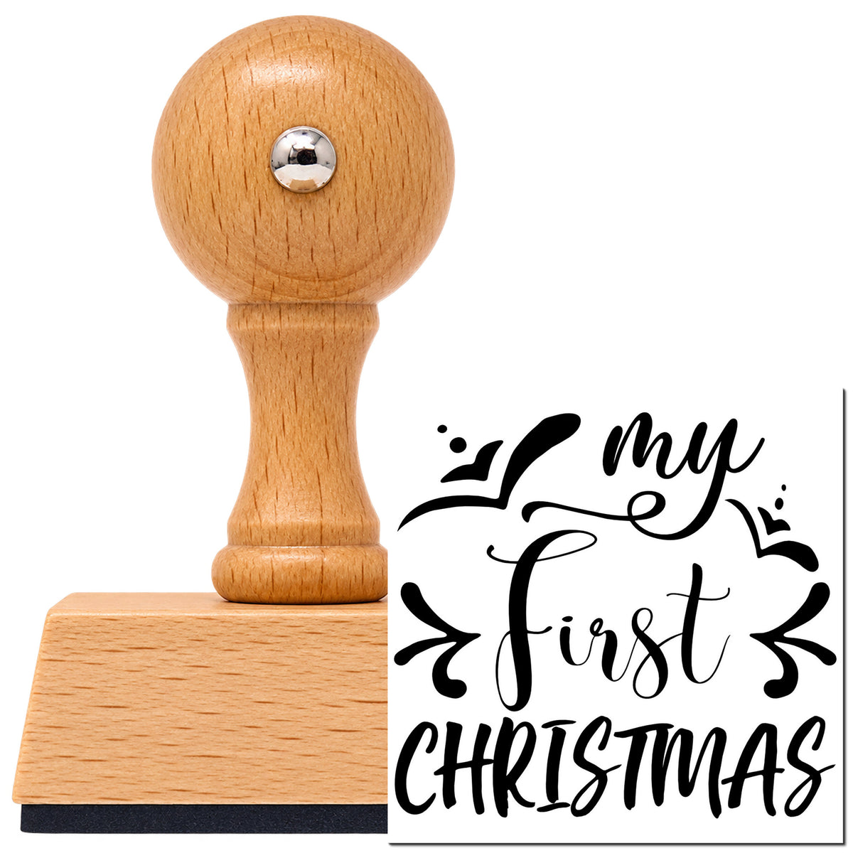 Vintage Pro beech wood stamp with a round knob handle, shown with its black My First Christmas imprint on white.