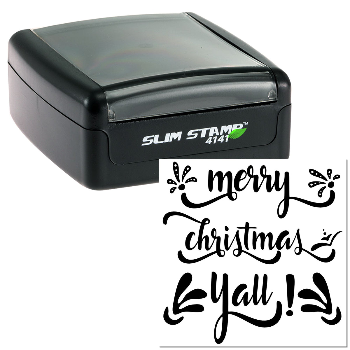 Black Slim Stamp 4141 self-inking stamp with clear top and white Merry Christmas Yall decorative seal design.