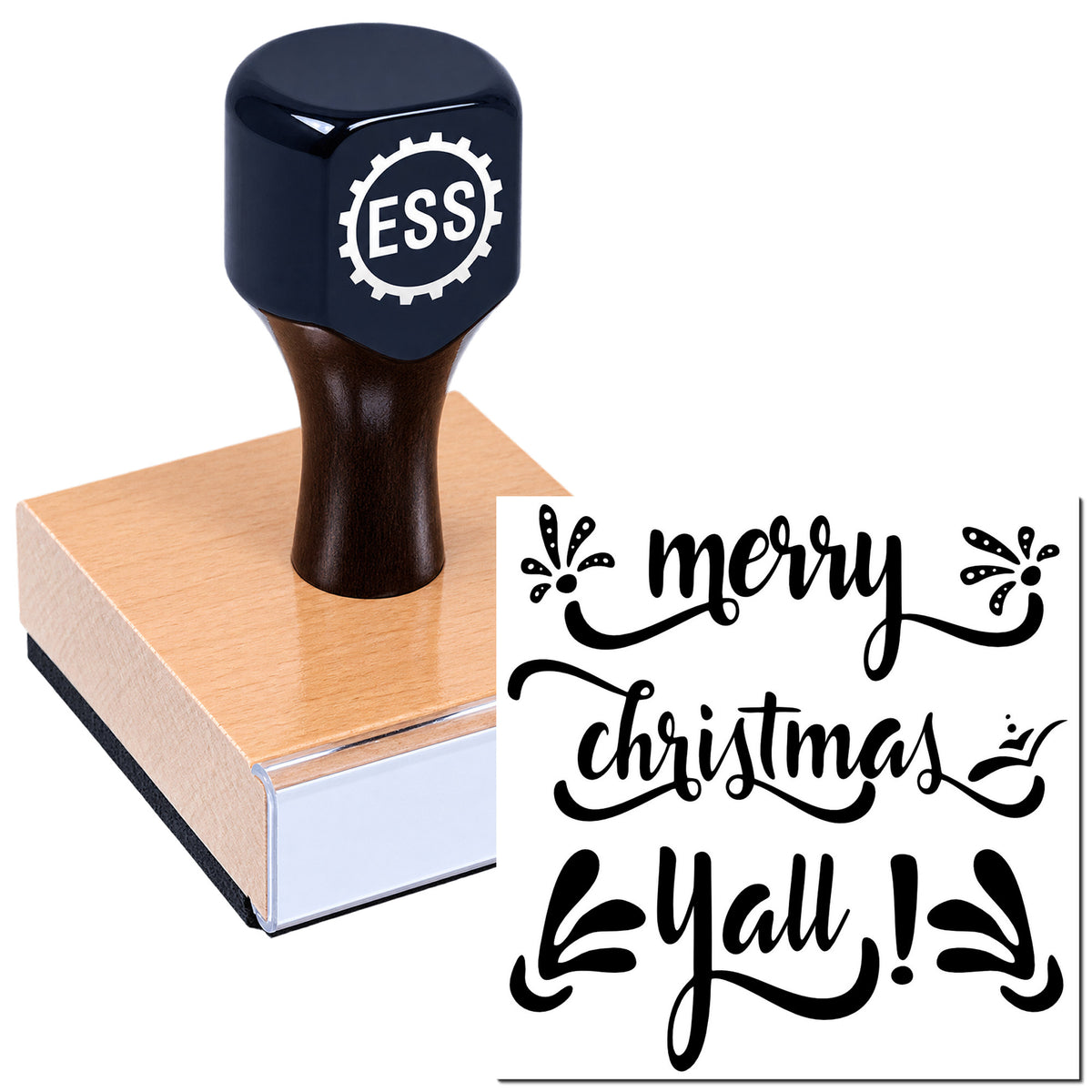 Black rubber stamp with ESS logo presses a box beside festive "merry christmas y'all" seal design in black calligraphy