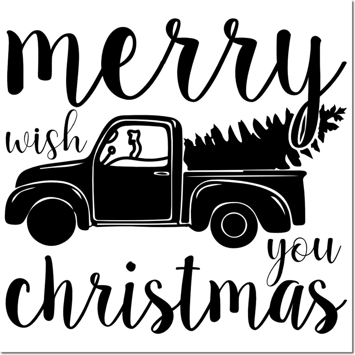 Black stamp and seal design with pickup truck carrying a Christmas tree and script text on a white background.