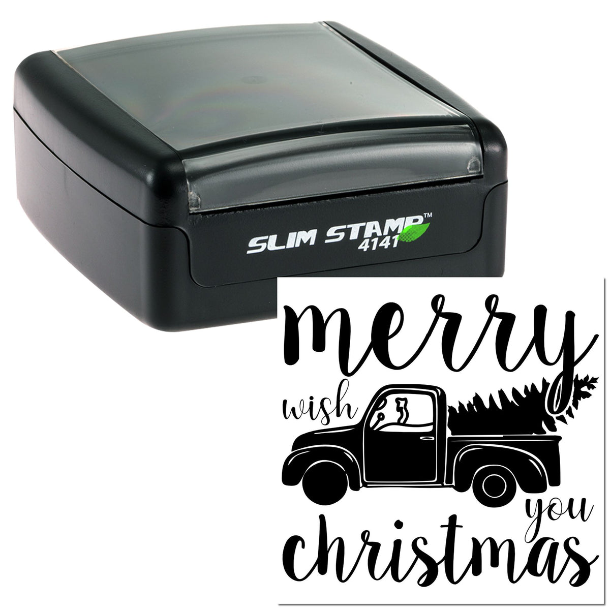 Black Slim Stamp 4141 self-inking stamp and seal with Merry Christmas truck, tree, and festive script design