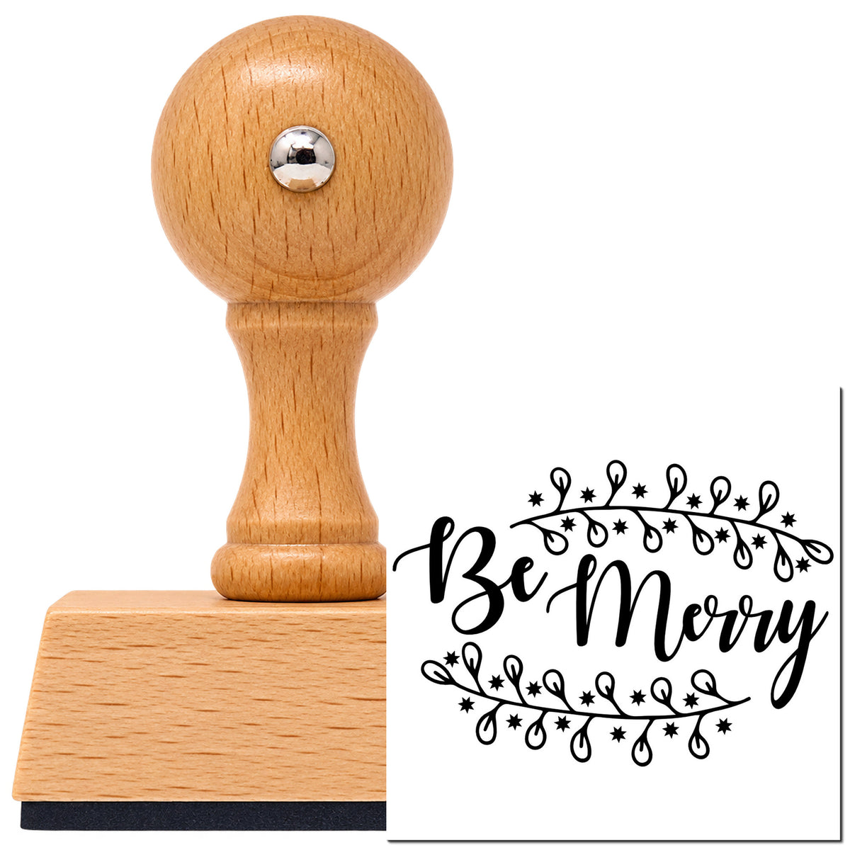Vintage Pro beech wood stamp with a round knob handle, shown with its black Be Merry Botanical Border imprint on white.