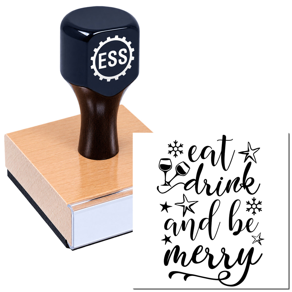 Dark blue ESS rubber stamp on a wooden seal block beside a black calligraphy design reading eat, drink and be merry.