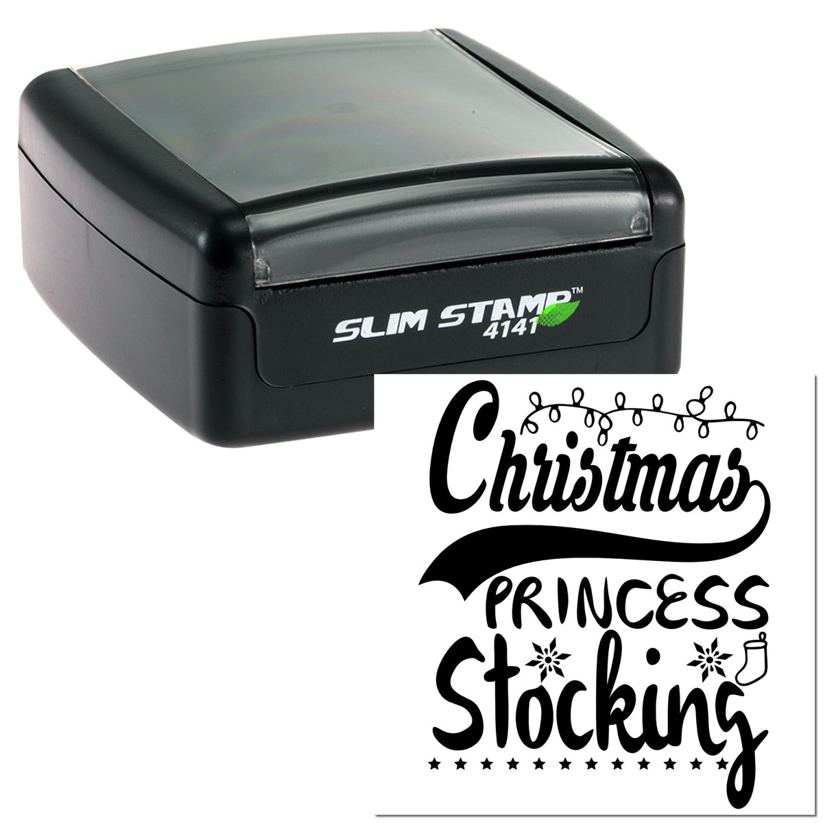 Black Slim Stamp 4141 self-inking stamp with clear cap, showing a Christmas Princess Stocking seal design.