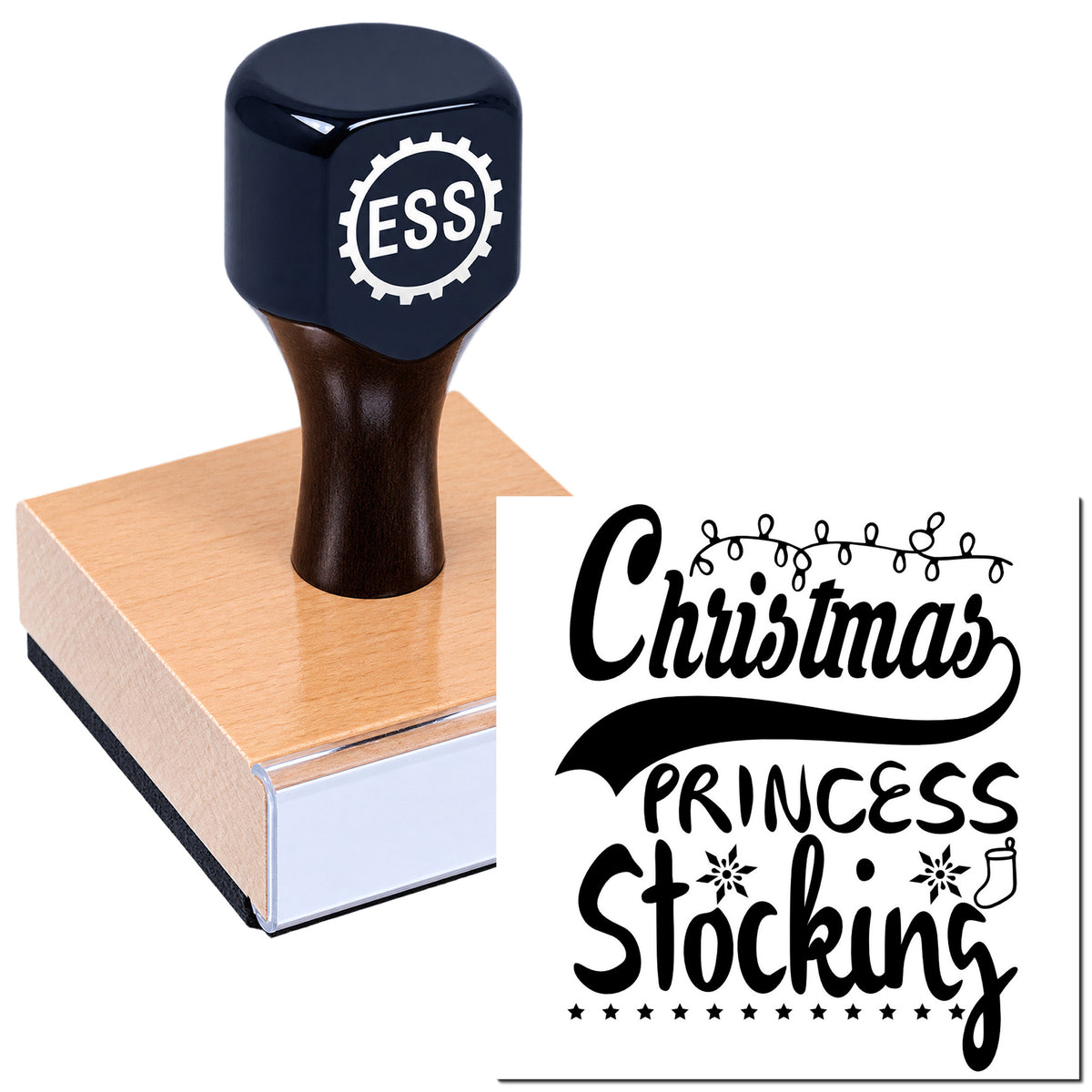 Black ESS rubber stamp and seal on a wooden block with Christmas Princess Stocking design