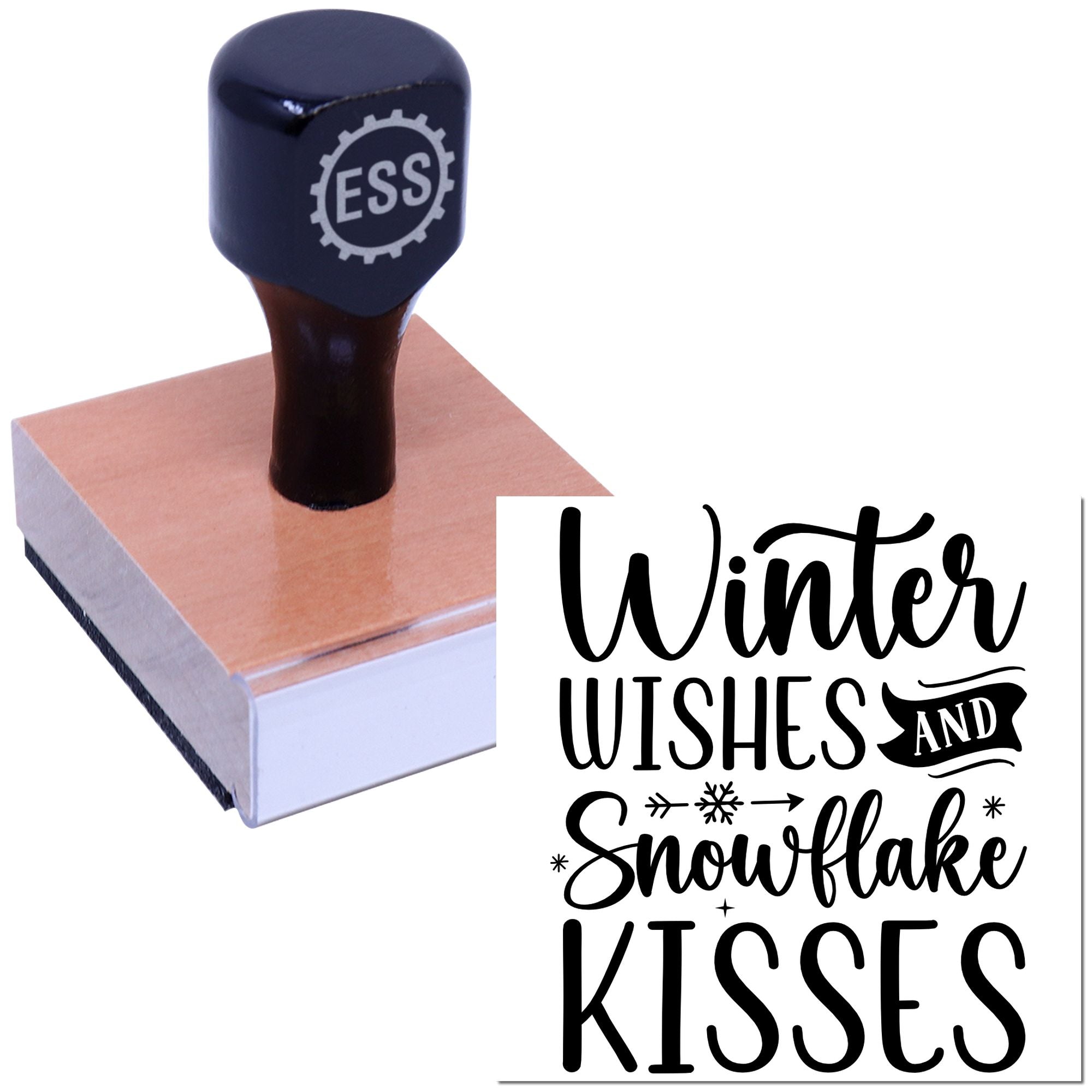 Dark blue ESS stamp and seal on a wooden block beside black winter text reading Winter wishes and snowflake kisses.