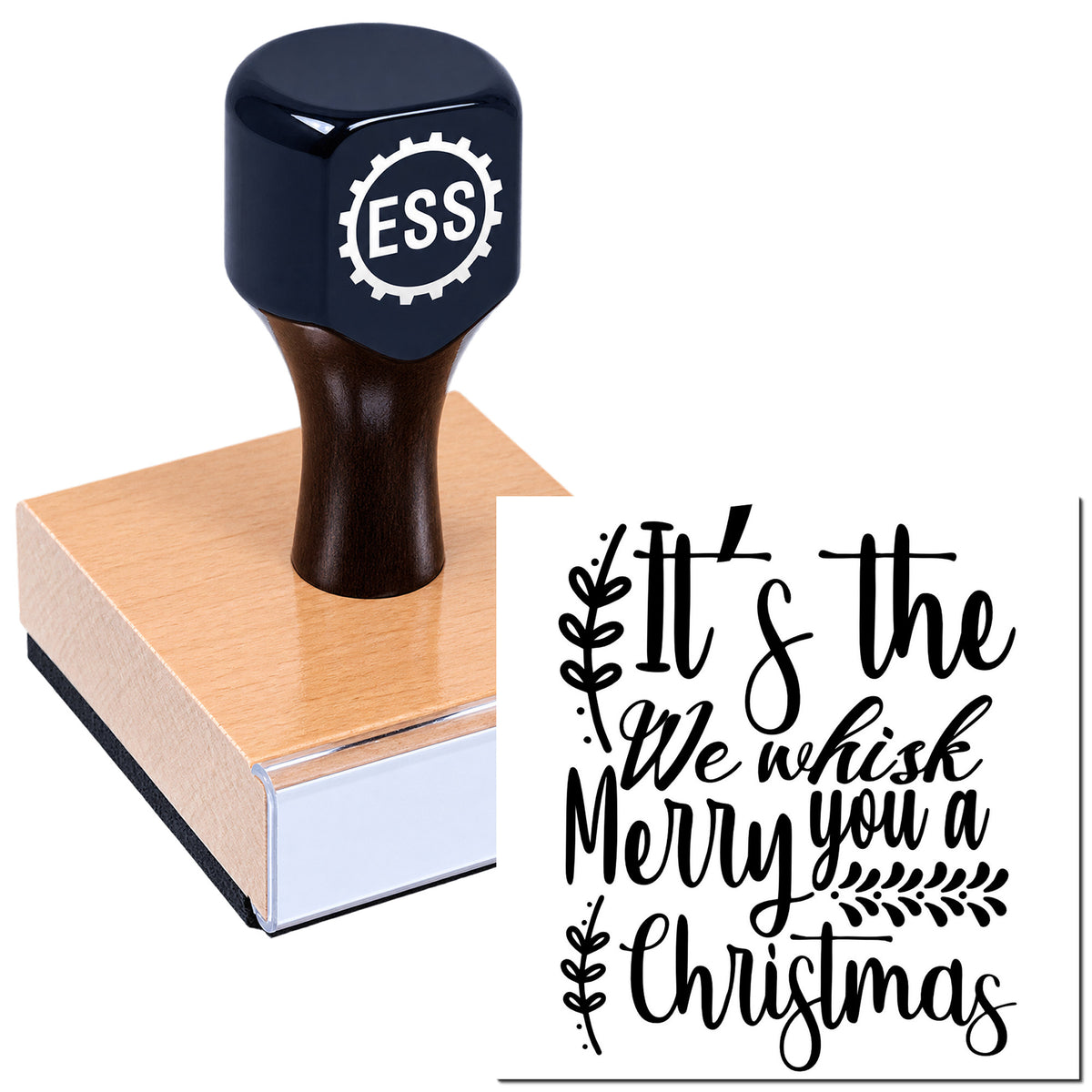 Navy ESS custom stamp and rose-gold seal block with black festive "It's the season...Merry Christmas" script.