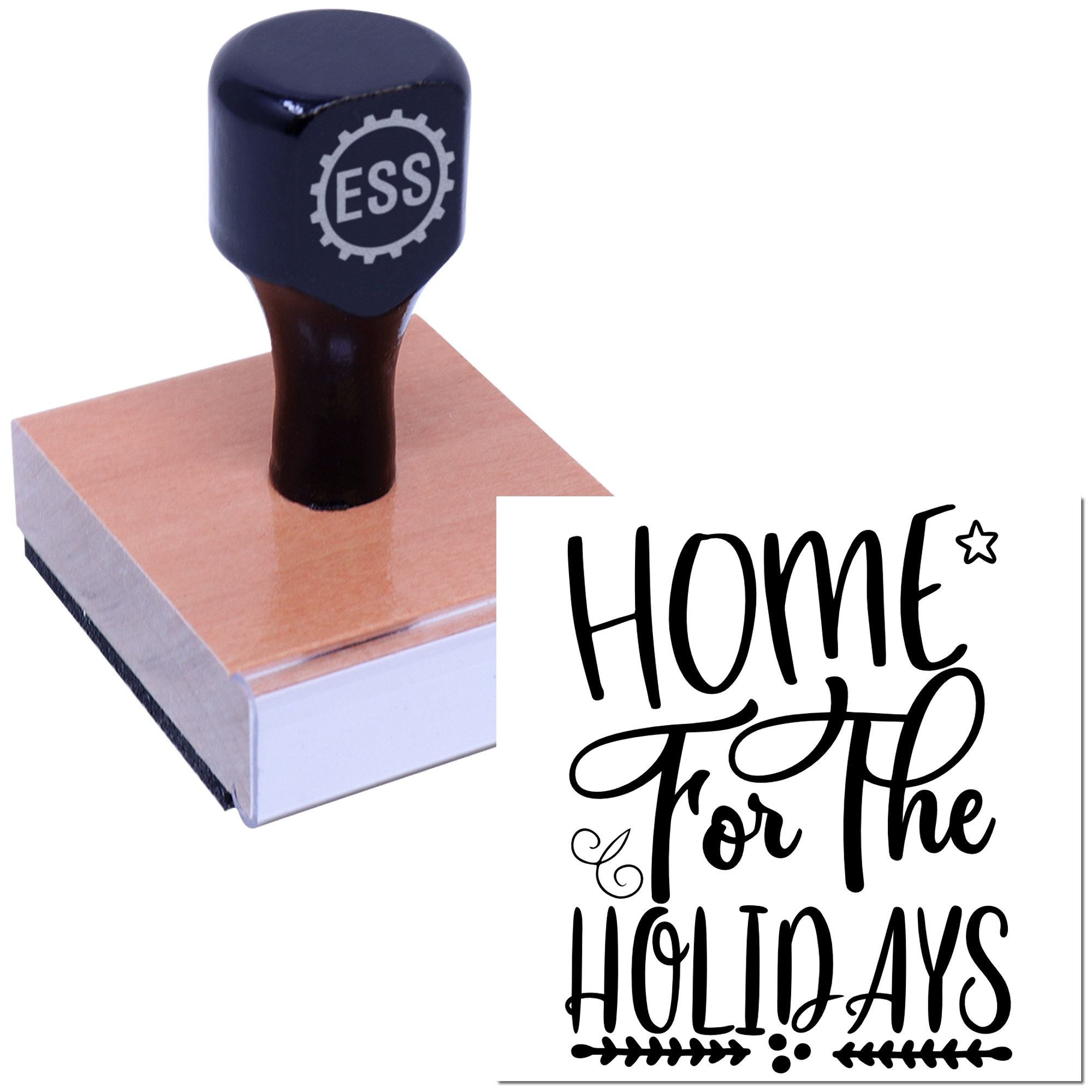 Dark blue ESS custom stamp on wooden block with black "Home for the Holidays" holiday seal design.