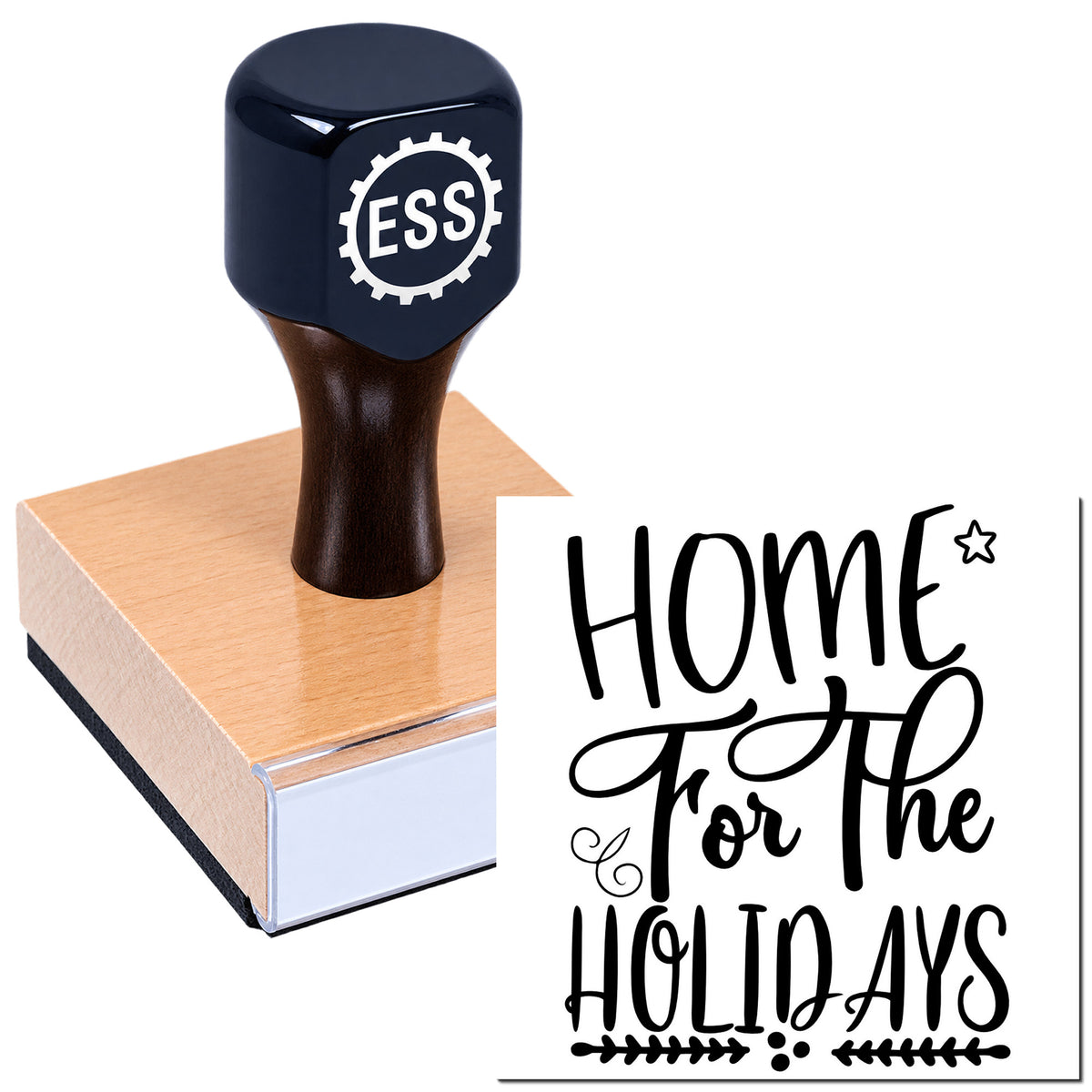 Dark blue ESS custom stamp on wooden block with black "Home for the Holidays" holiday seal design.