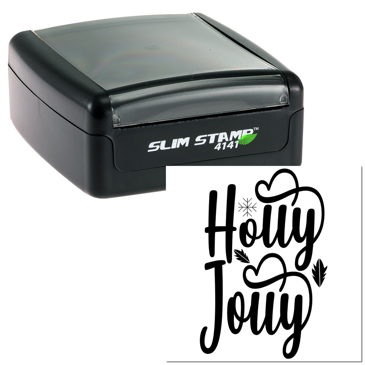Black slim self-inking stamp with clear cap and holiday seal design reading Holy Jolly on white background.