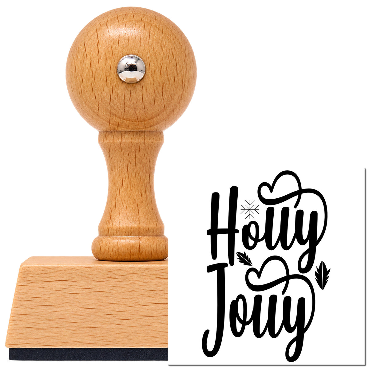 Vintage Pro beech wood stamp with a round knob handle, shown with its black Holly Jolly Hearts imprint on white.