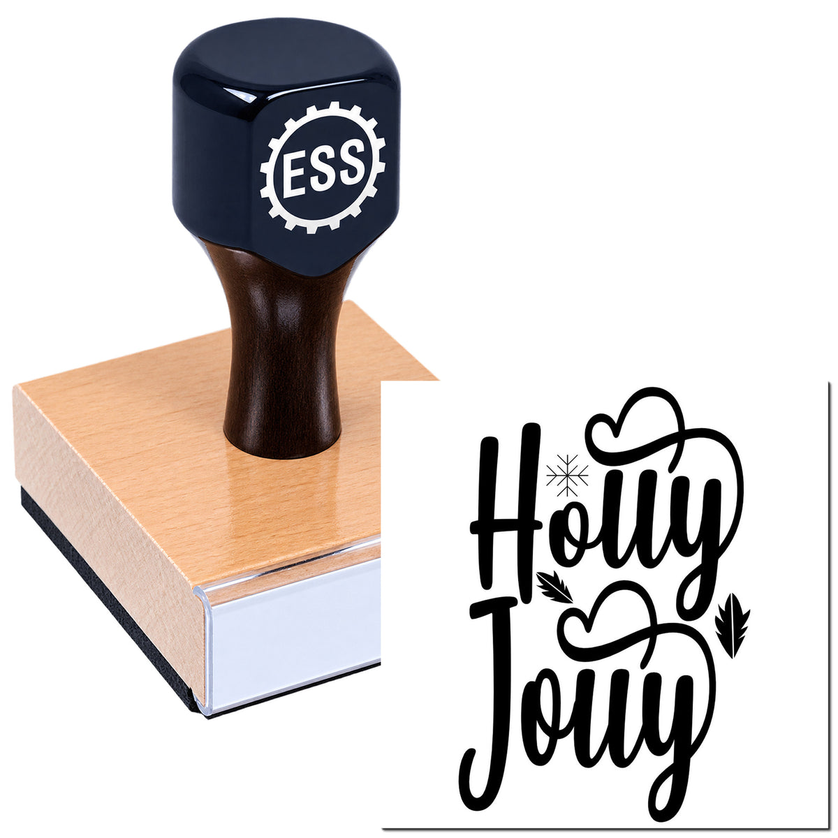 Dark blue ESS self-inking stamp on a copper seal block, showing black "Holy Jolly" script with heart and leaf accents.
