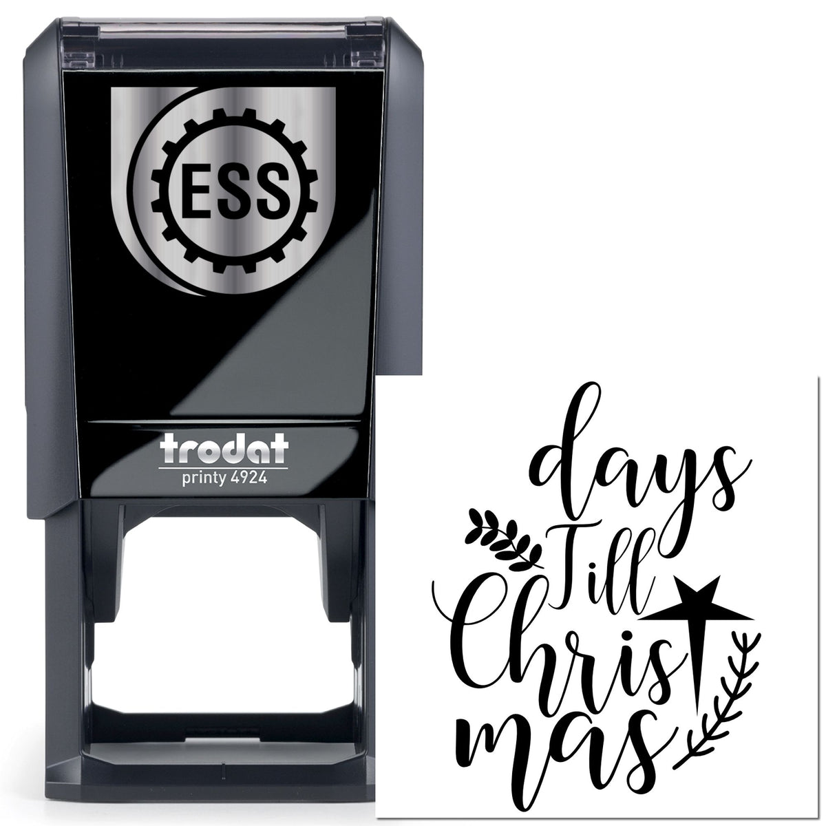 Black Trodat self-inking stamp with ESS seal and custom Christmas "days till Christmas" design