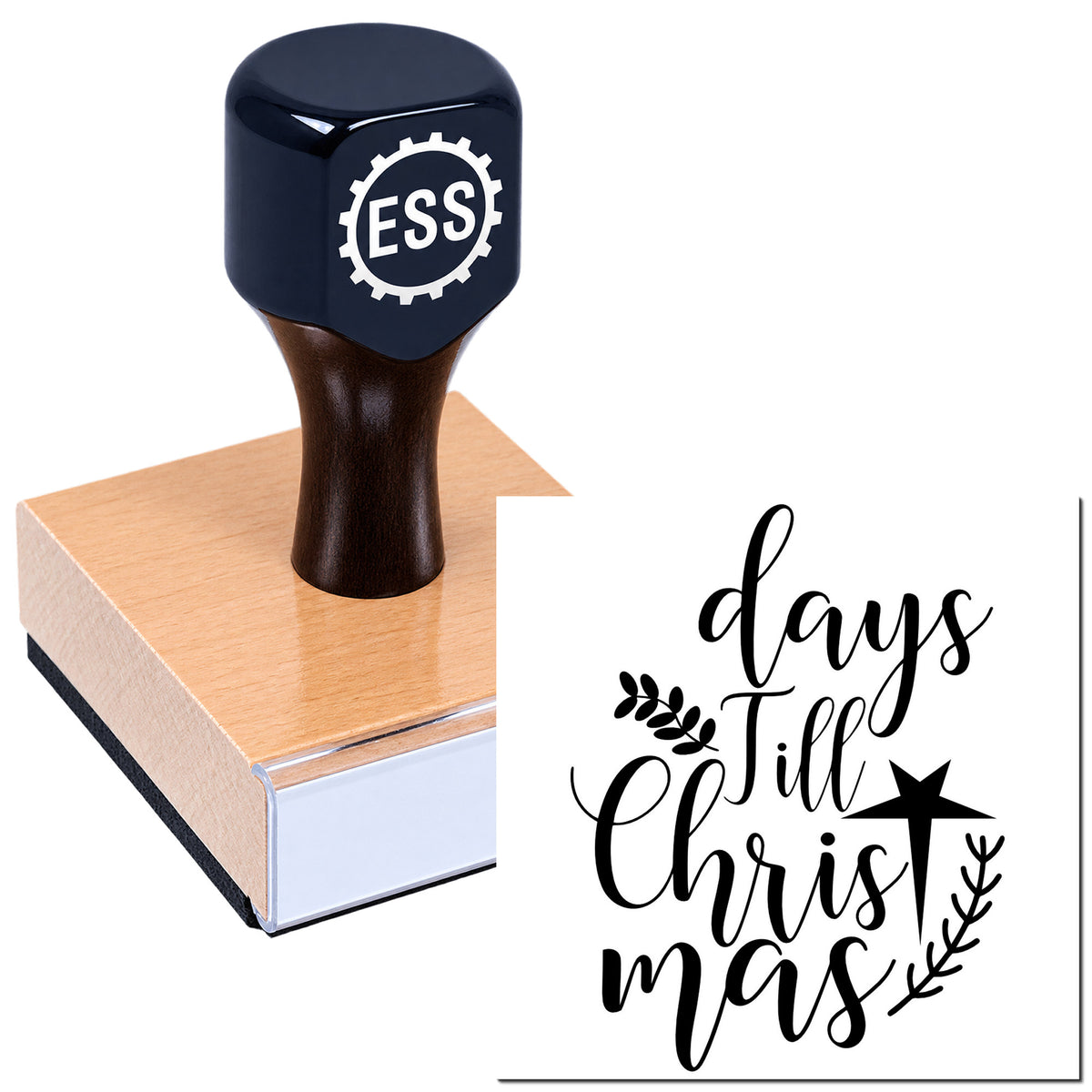 Custom navy rubber stamp and seal on wooden base, with black "days till Christmas" script and star leaf accents
