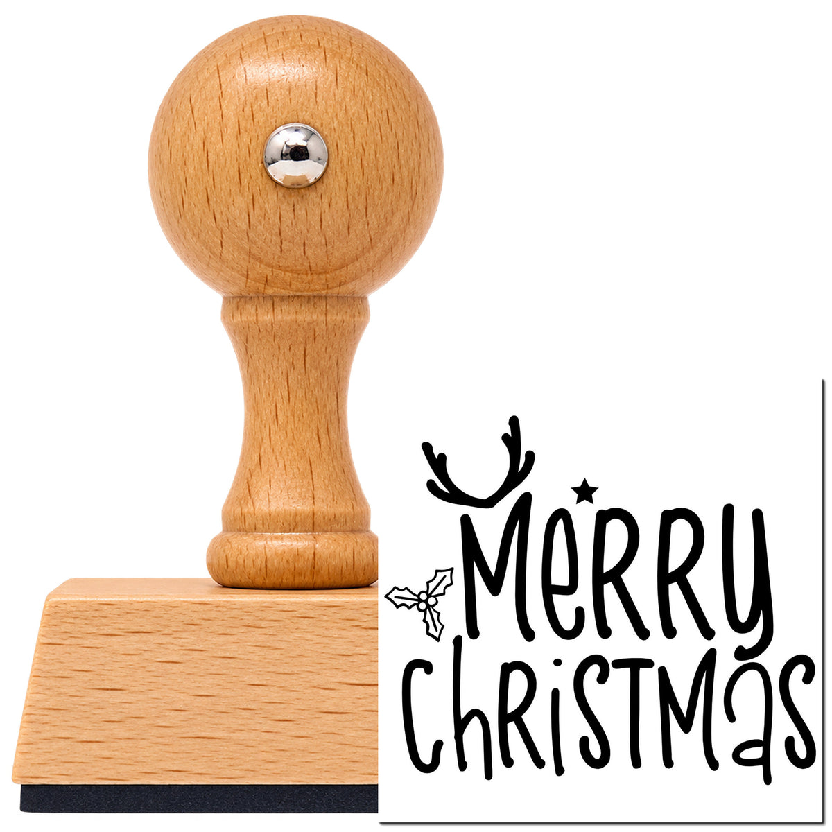 Vintage Pro beech wood stamp with a round knob handle, shown with its black Merry Christmas Antlers Holly With Stars imprint on white.