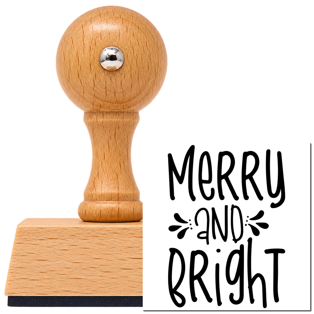 Vintage Pro beech wood stamp with a round knob handle, shown with its black Merry And Bright Tall Letters Lettering imprint on white.
