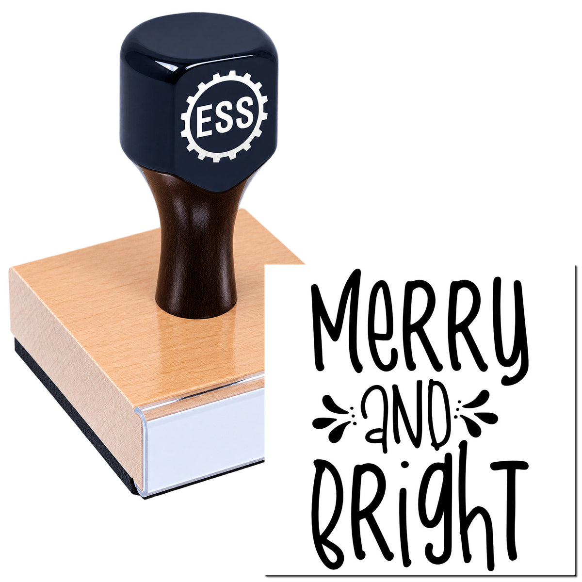 Dark navy ESS stamp on a pink-sealed block with black "Merry and Bright" stamp design.