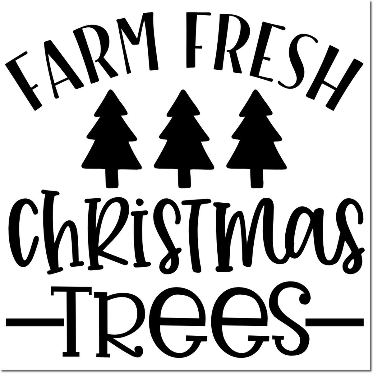 Black Farm Fresh Christmas Trees stamp seal with three pine tree silhouettes on a white background.