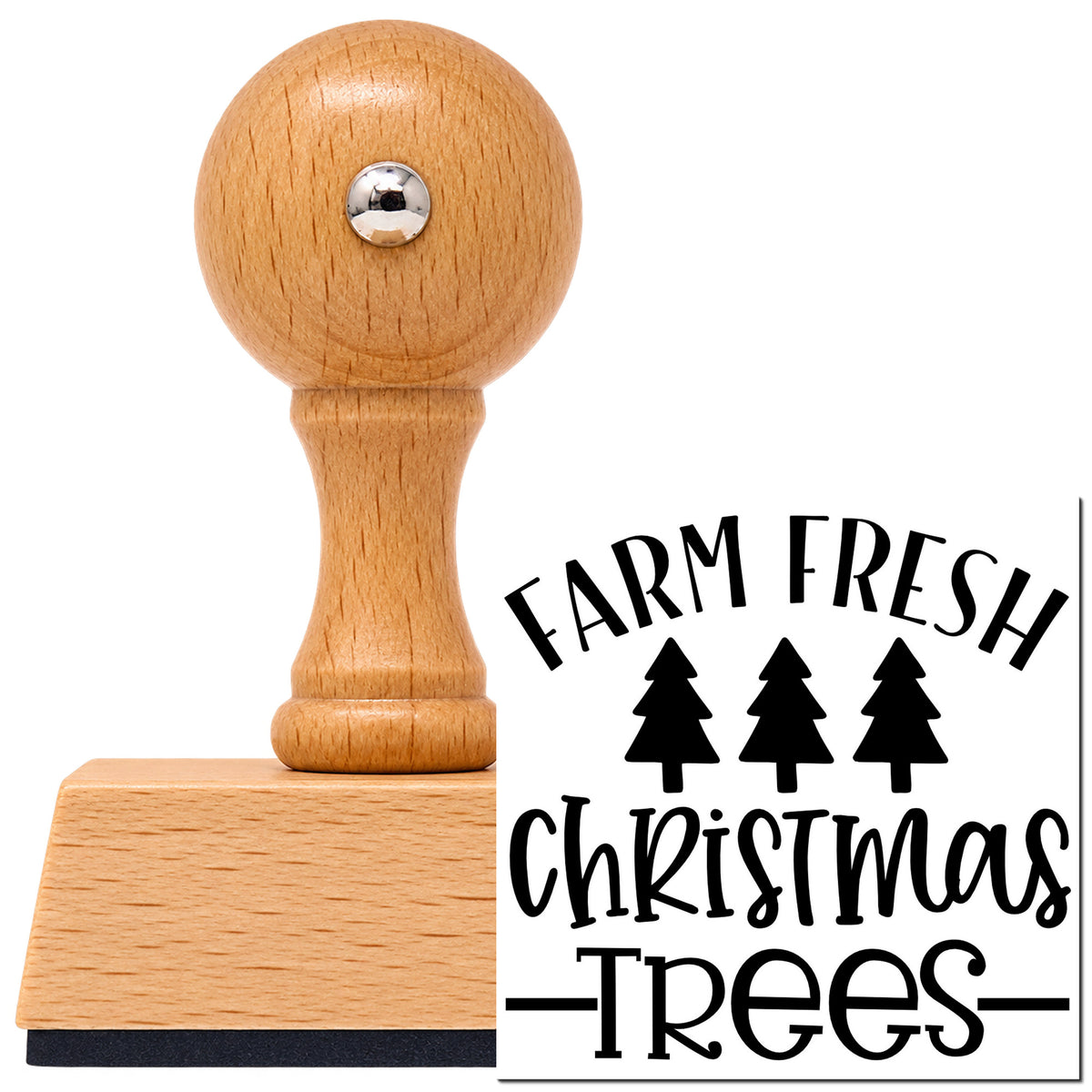 Vintage Pro beech wood stamp with a round knob handle, shown with its black Farm Fresh Christmas Trees Pine Trio imprint on white.