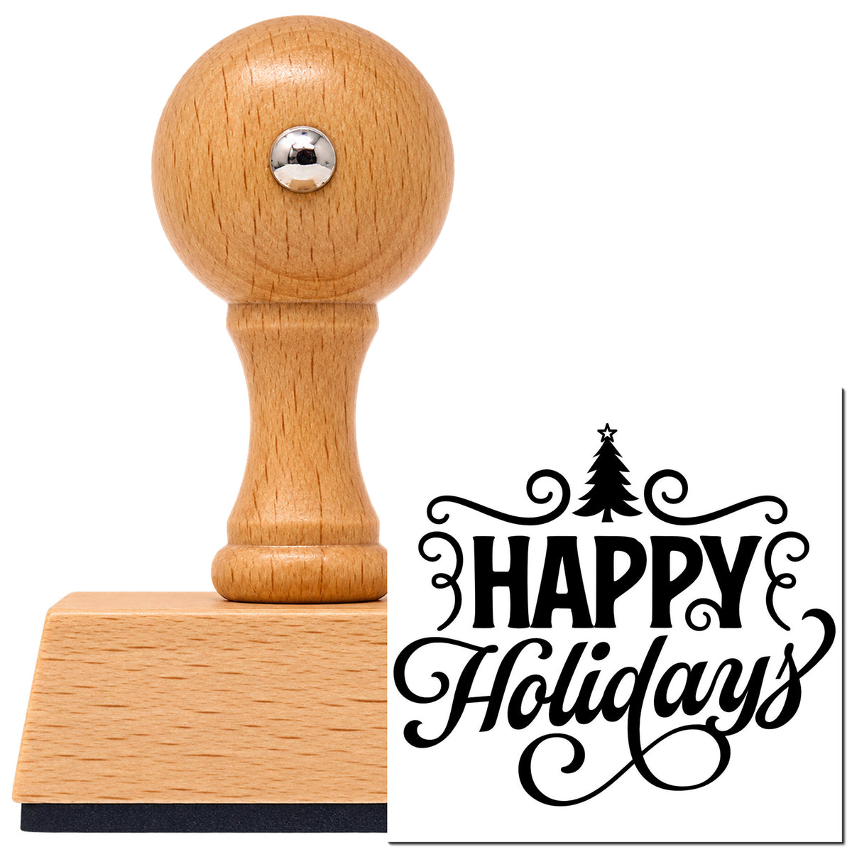 Vintage Pro beech wood stamp with a round knob handle, shown with its black Happy Holidays Tree Flourishes Lettering Flourish imprint on white.