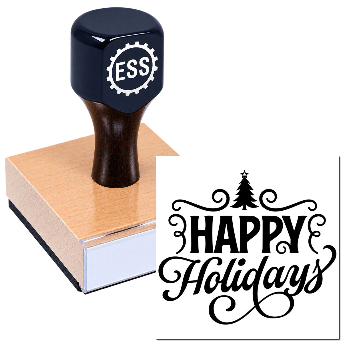 Black ESS rubber stamp on wooden block beside festive seal artwork with ornate black Happy Holidays text and Christmas tree.