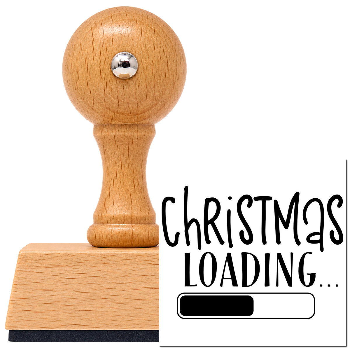 Vintage Pro beech wood stamp with a round knob handle, shown with its black Christmas Loading Progress Bar imprint on white.