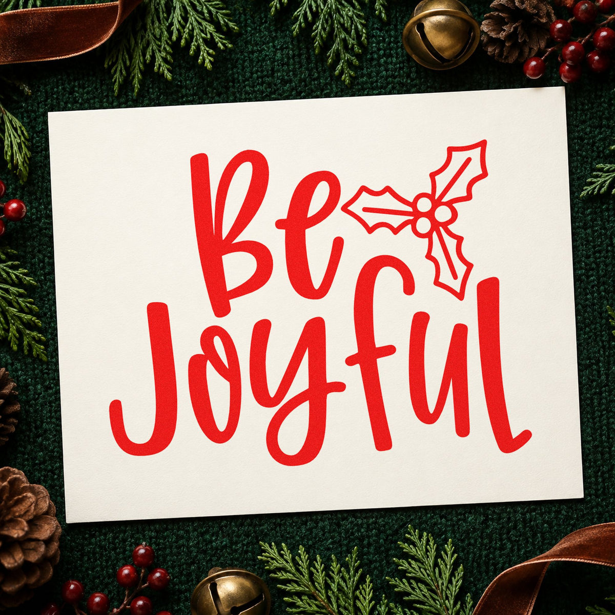 Be Joyful Holly craft stamp in red ink on cardstock, an easy option for sweatshirt chest ink.