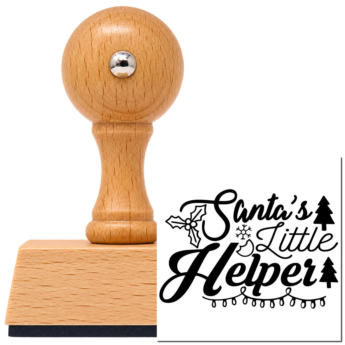 Vintage Pro beech wood stamp with a round knob handle, shown with its black Santa's Little Helper Lights imprint on white.