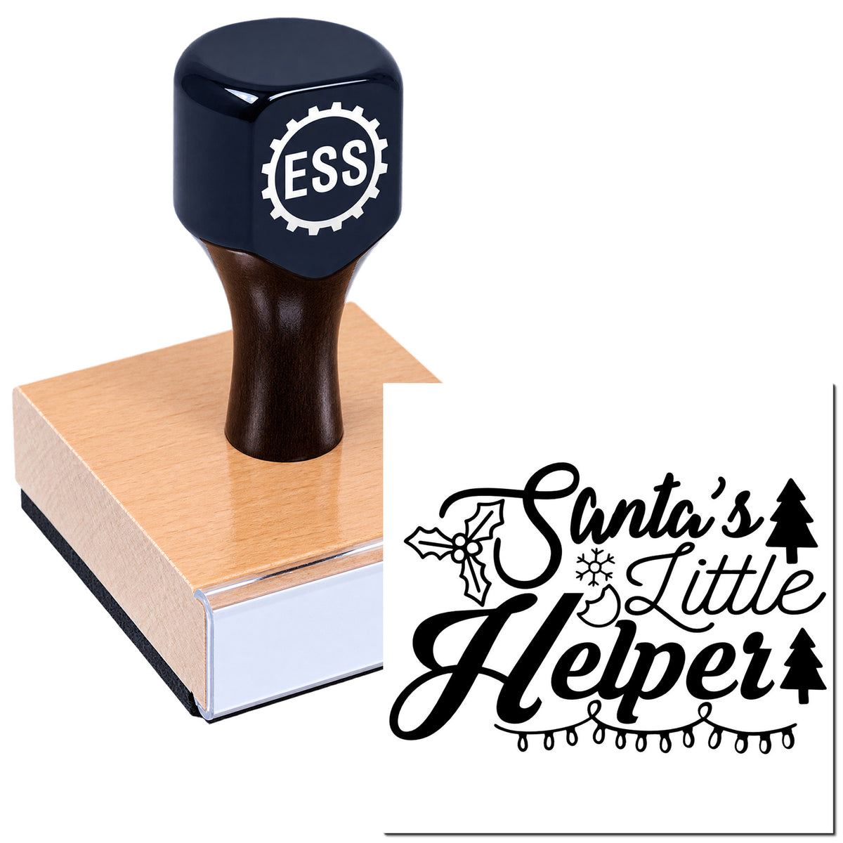 Dark navy ESS stamp on wood block with black Santa's Little Helper holiday seal and festive icons.