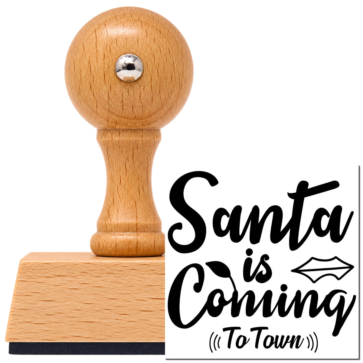 Vintage Pro beech wood stamp with a round knob handle, shown with its black Santa Is Coming (To Town) Brush Lettering imprint on white.
