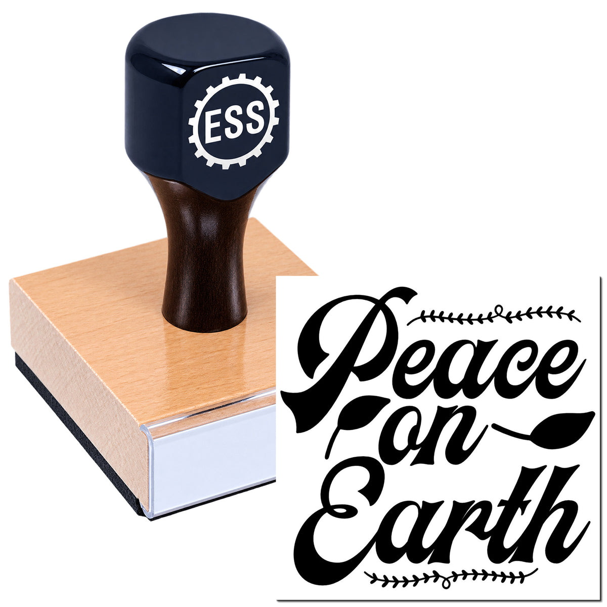 Dark blue ESSI rubber stamp on wooden block beside black "Peace on Earth" decorative seal design.