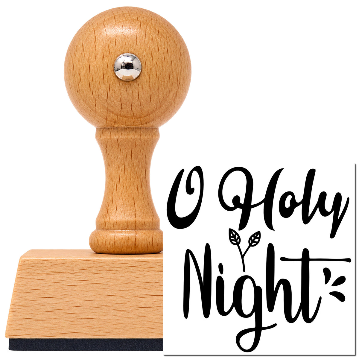 Vintage Pro beech wood stamp with a round knob handle, shown with its black O Holy Night Leaves imprint on white.