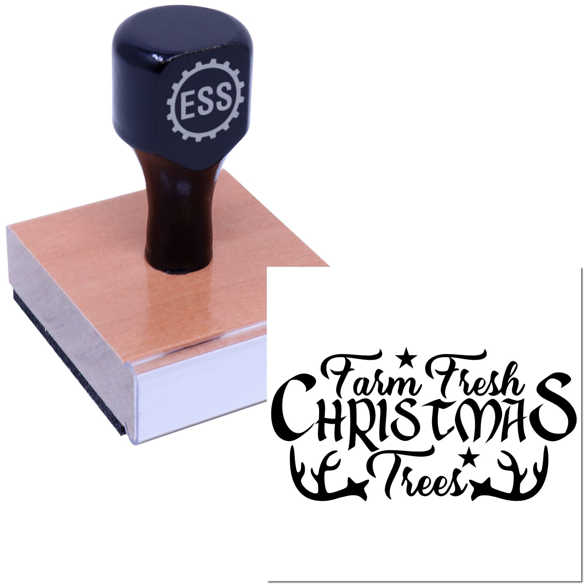 Black ESS stamp on wood block with Farm Fresh Christmas Trees seal, white background