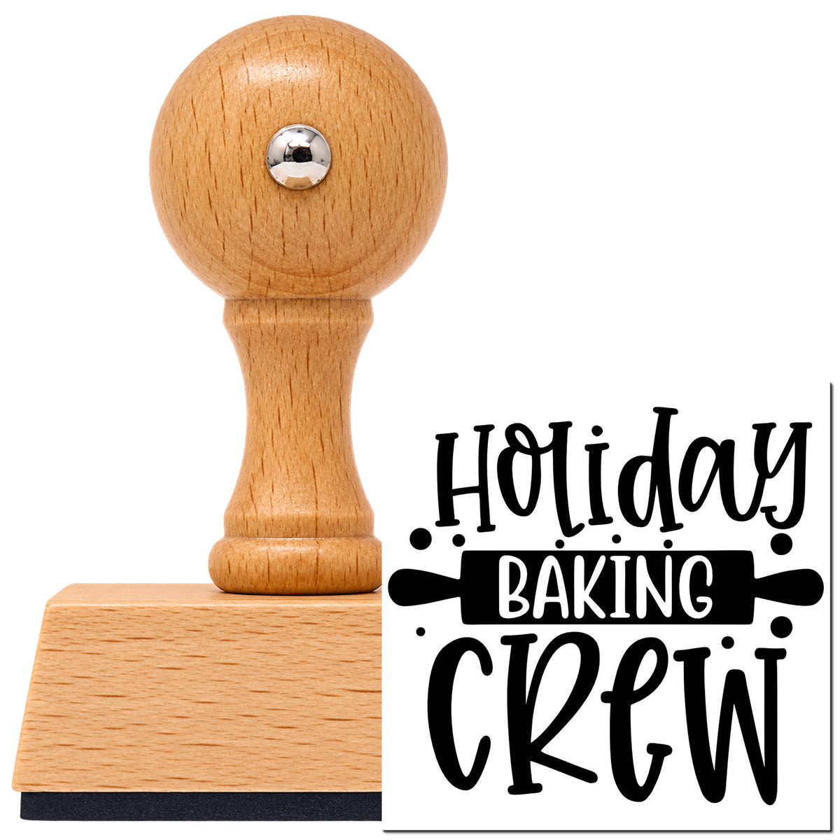 Vintage Pro beech wood stamp with a round knob handle, shown with its black Holiday Baking Crew Rolling Pin imprint on white.