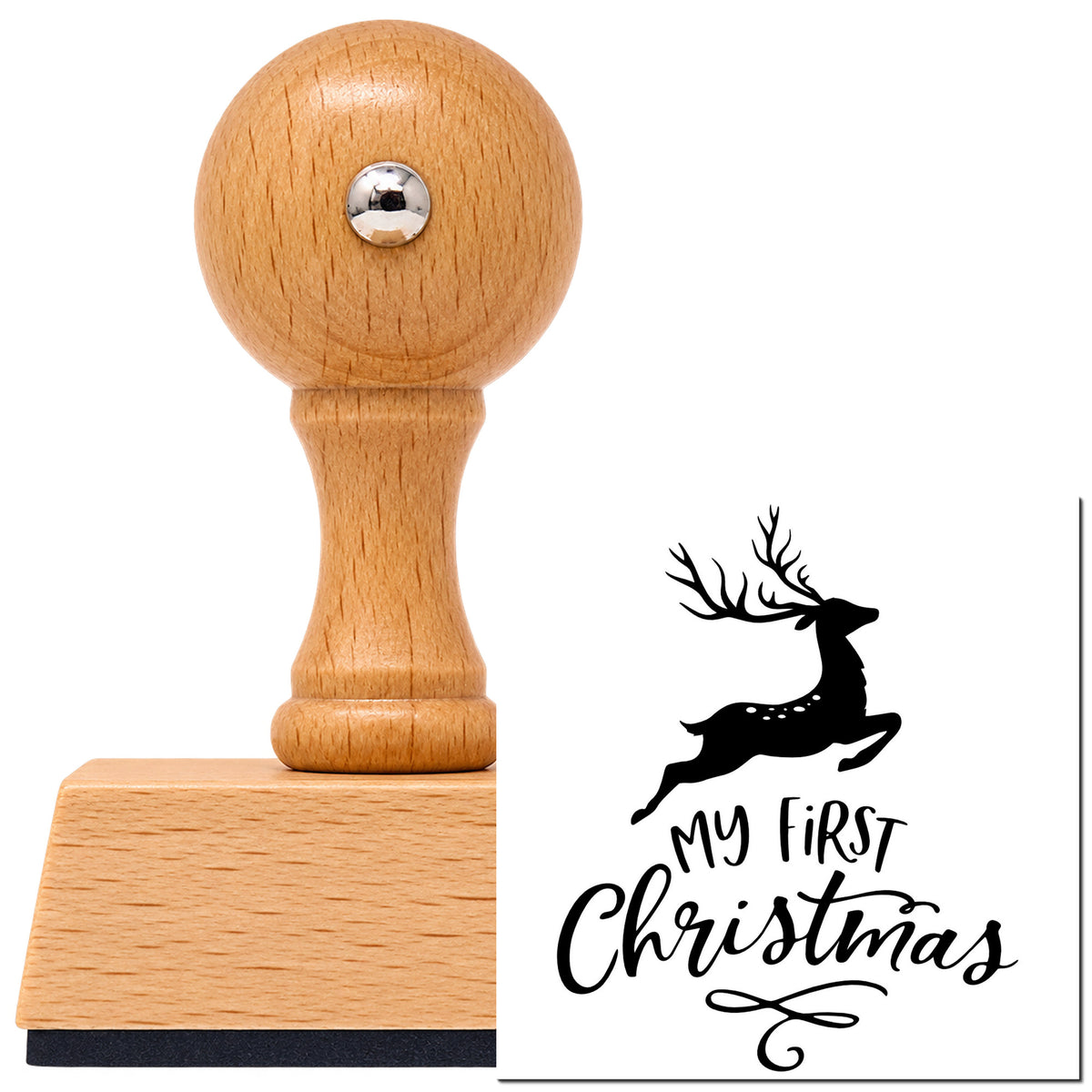Vintage Pro beech wood stamp with a round knob handle, shown with its black My First Christmas Reindeer Lettering Flourish imprint on white.