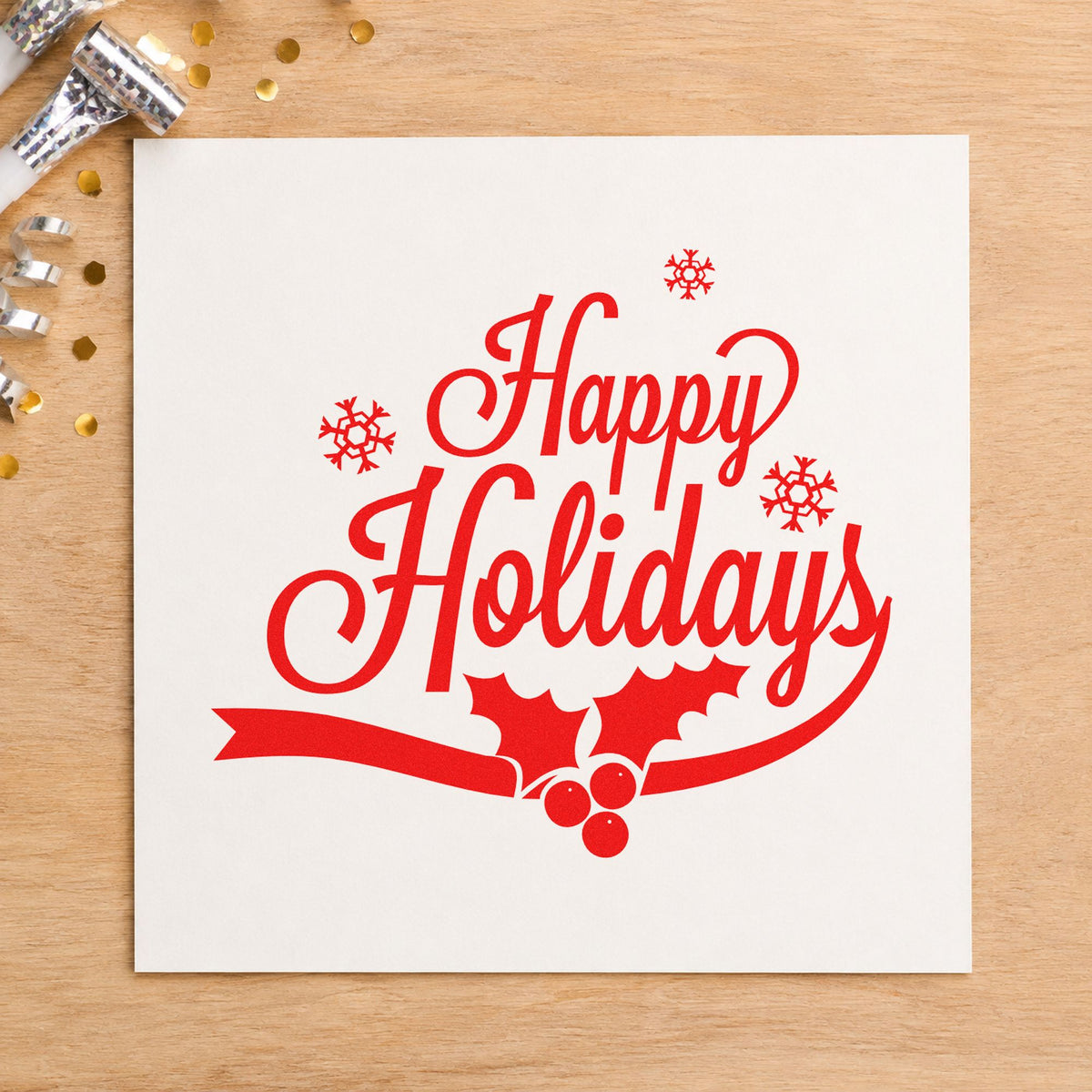 Happy Holidays Holly Ribbon craft stamp in red ink on cardstock, an easy option for sash sweep printing.