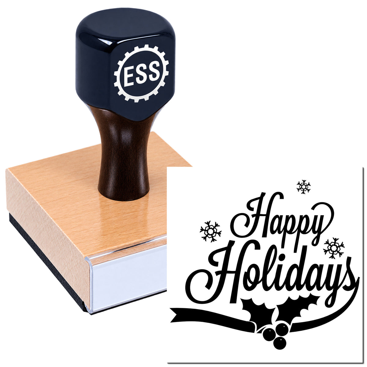 Black ESS self-inking stamp on wood block, with "Happy Holidays" holiday seal in black and white, snowflakes and holly.