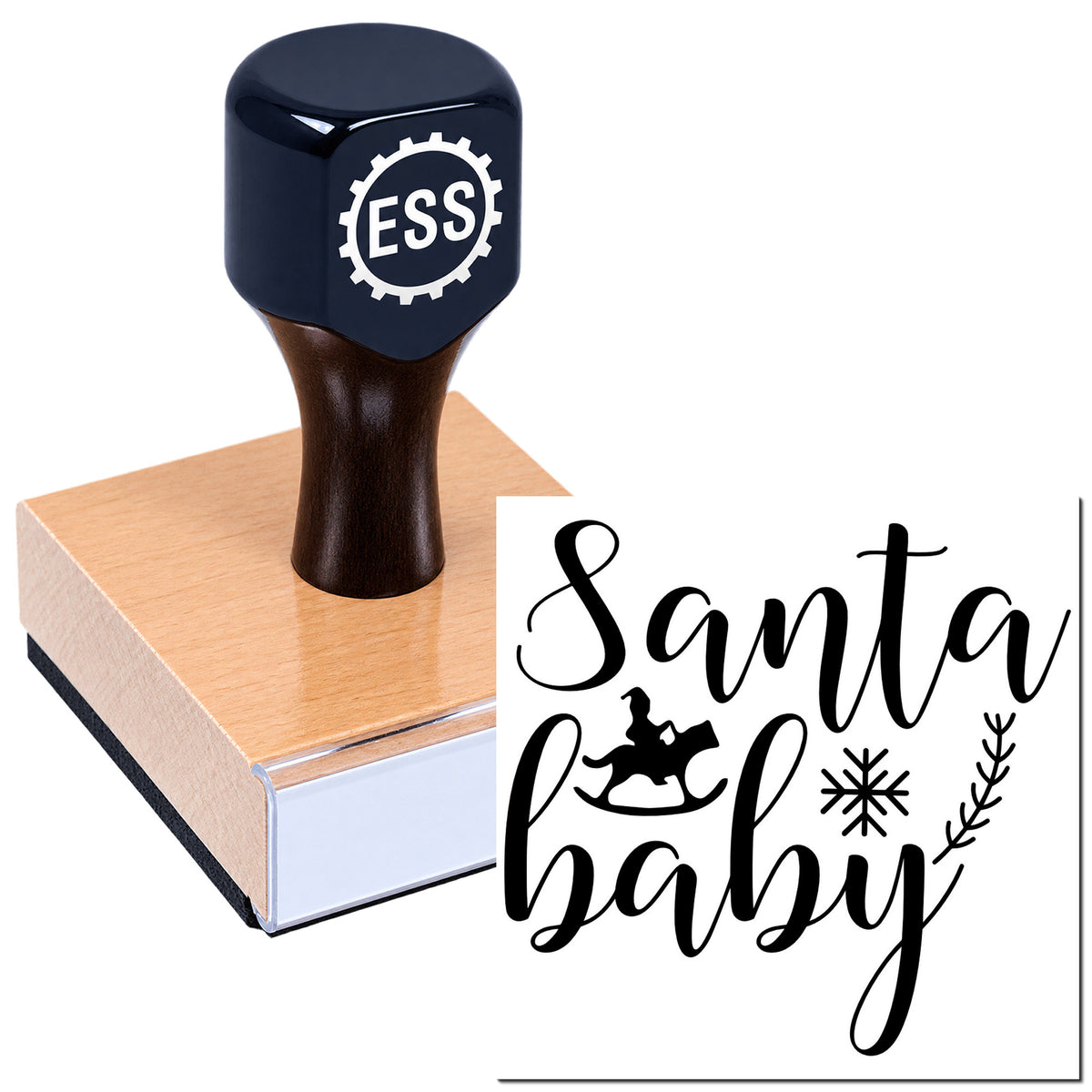 Navy ESS rubber stamp on wooden block with Santa baby seal design in black script and holiday icons.