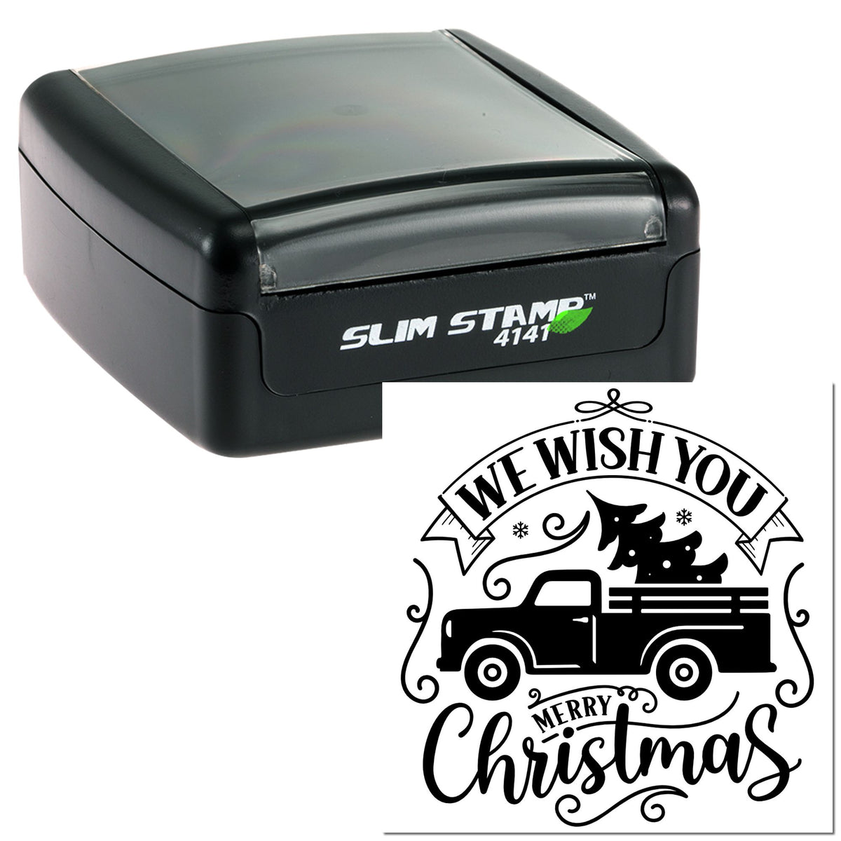 Black self-inking Slim Stamp 4141 with Christmas seal reading We Wish You Merry Christmas, featuring a truck and tree.