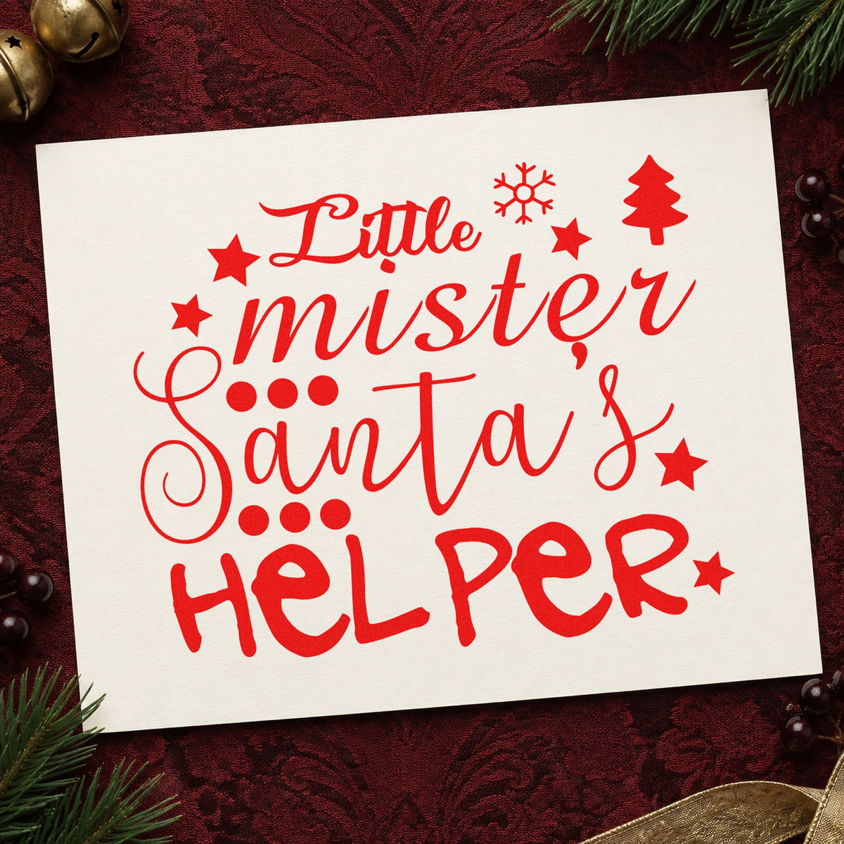 Little Mister Santa's Helper craft stamp in red ink on cardstock, an easy option for overall bib printing.
