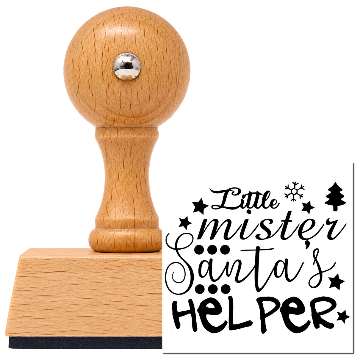 Vintage Pro beech wood stamp with a round knob handle, shown with its black Little Mister Santa's Helper imprint on white.