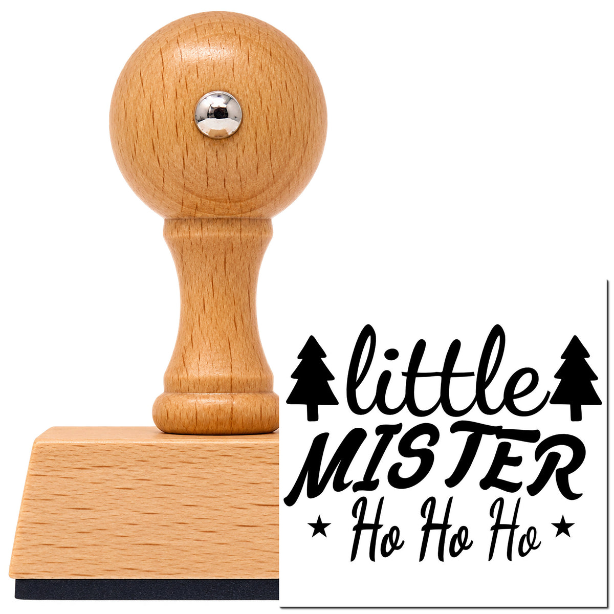 Vintage Pro beech wood stamp with a round knob handle, shown with its black Little Mister Ho Ho Ho Pine Motif imprint on white.
