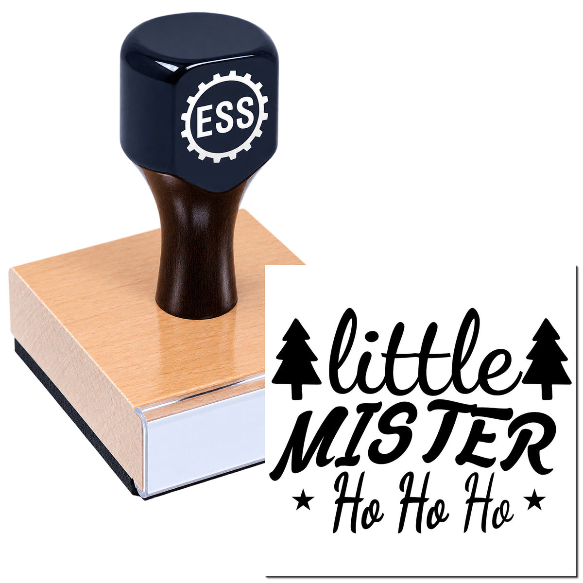 Black ESS seal stamp on a wooden block beside a white label with black "little mister ho ho ho" lettering and pine trees.
