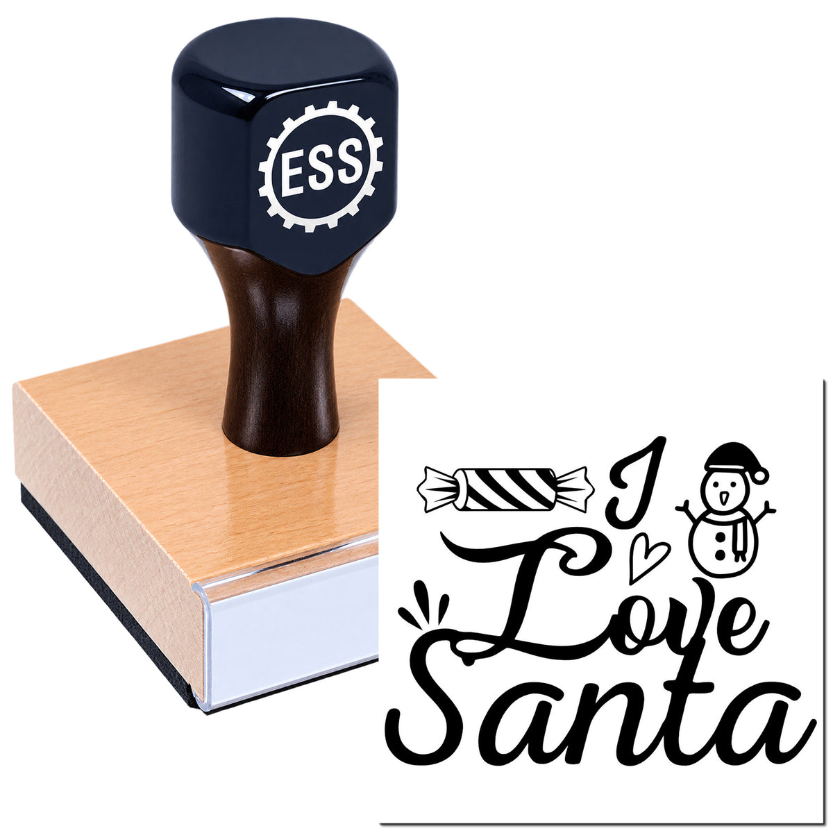 Dark blue ESS self-inking stamp on wooden block beside black "I Love Santa" seal design with candy, heart, and snowman