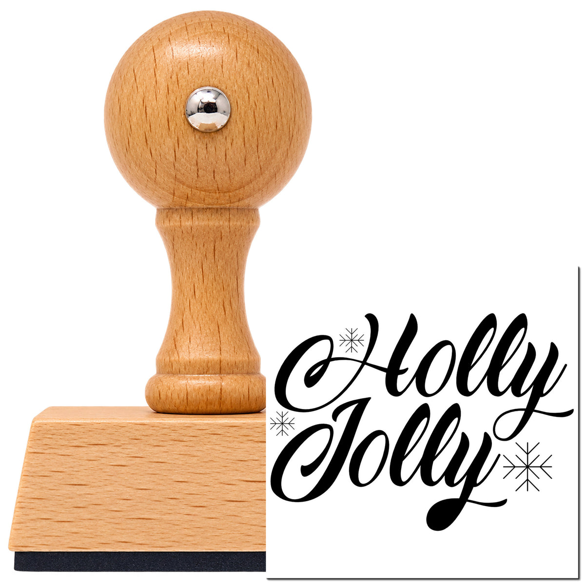 Vintage Pro beech wood stamp with a round knob handle, shown with its black Holly Jolly Slanted Script imprint on white.