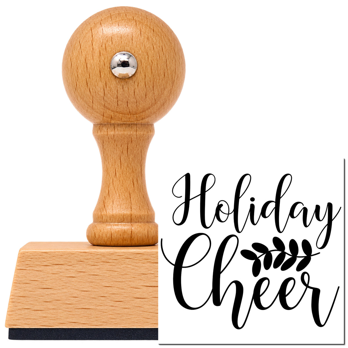 Vintage Pro beech wood stamp with a round knob handle, shown with its black Holiday Cheer Leafy Sprig Script Lettering imprint on white.
