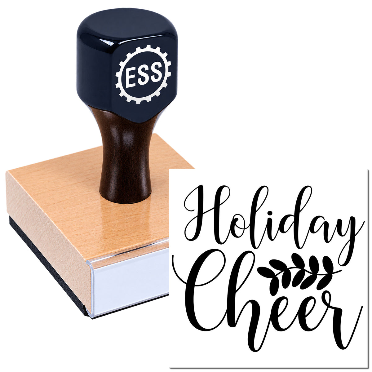 Dark navy self-inking stamp and seal with ESS logo on a pink block, beside Holiday Cheer script.