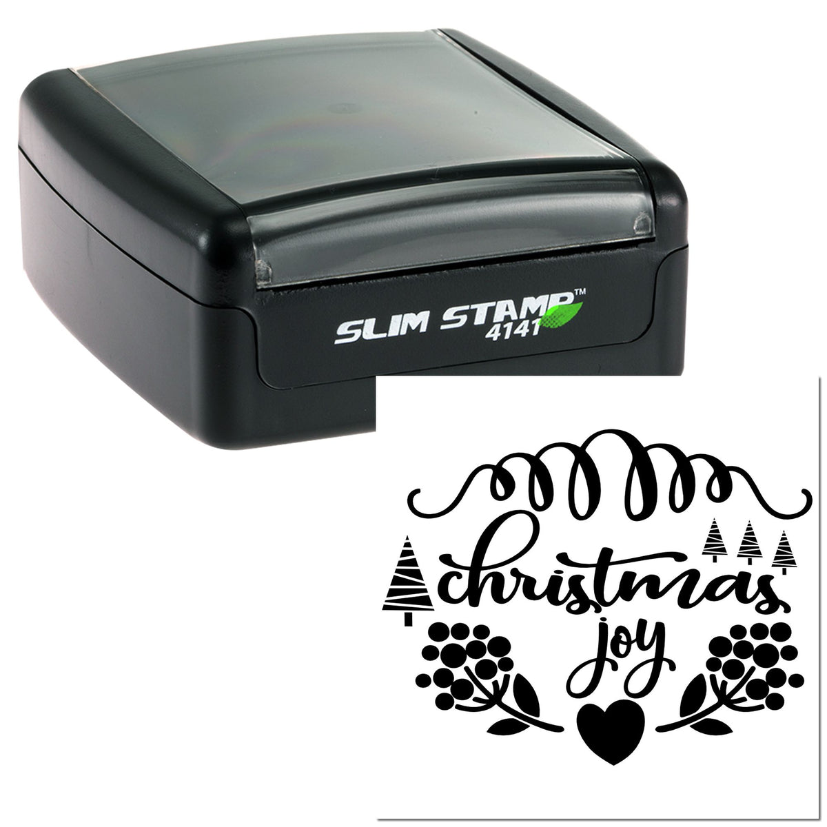 Black self-inking Slim Stamp 4141 and Christmas Joy seal with heart, trees, and floral accents.